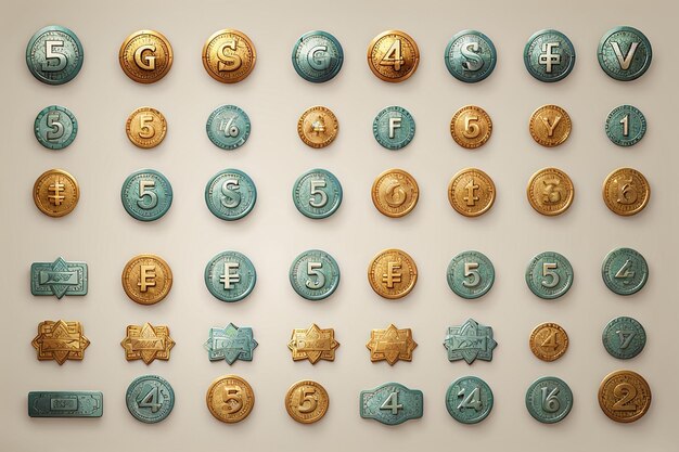 Photo set of dolden currency icons and symbols