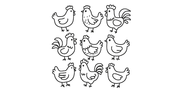 set of doodle illustrations with hens and roosters