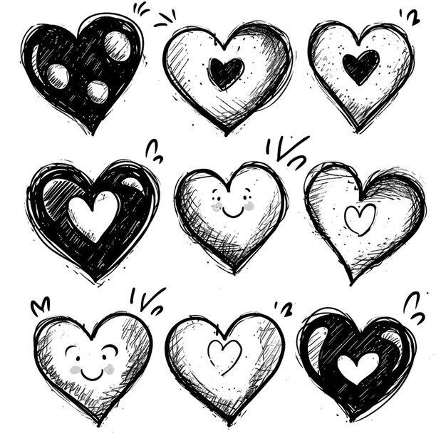 Photo set of doodle seamless pattern hearts from hand drawing for valentines day generative ai