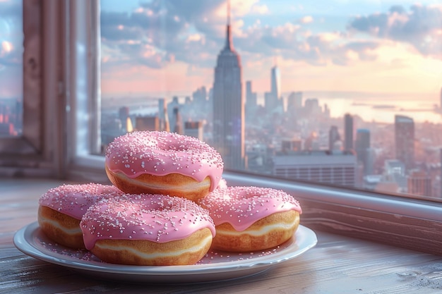 A set of doughnuts on a table near a window with the city in the background National Doughnut Day