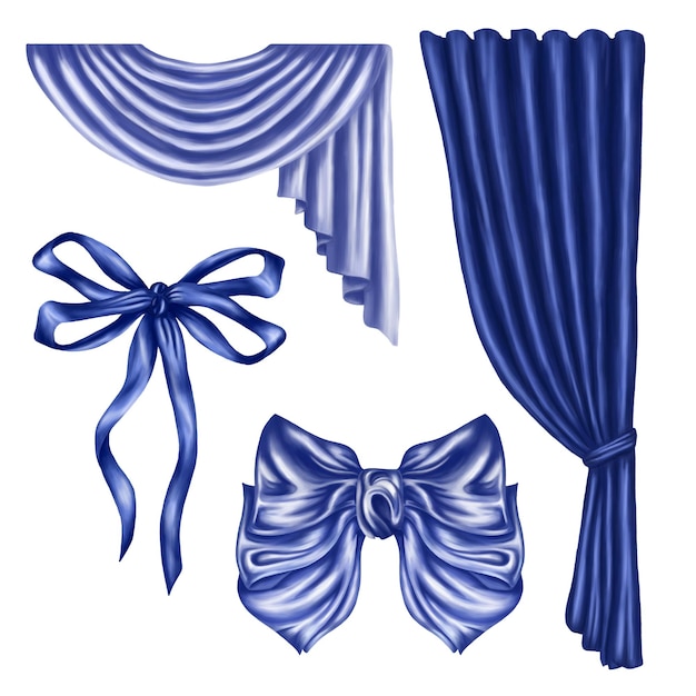 A set of draped objects made of blue shiny fabric Home curtains and drapes silk ribbons and bows Interior decorations for windows theatrical costumes and halls Isolated digital illustration