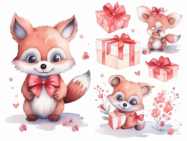 Set of draw vector illustration character design banner little raccoon with pink hearts and gift box for valentine day Watercolor style