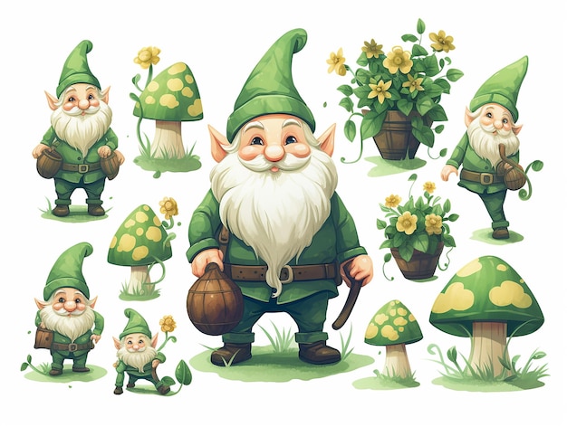 Набор векторных иллюстраций дизайна гнома с стилем мультфильма Happy St Patrick's DayDoodle