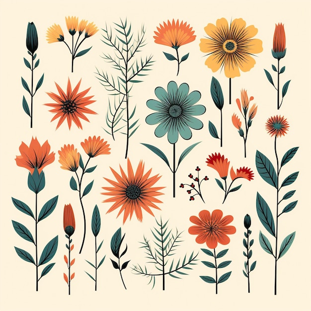 set of drawings of retro flowers in vintage style on a light background