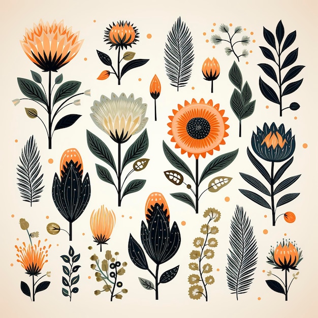 set of drawings of retro flowers in vintage style on a light background
