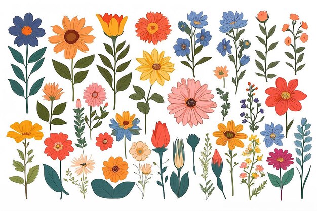 Set of drawn flowers Drawing style Various colorful flowers for drawing textile