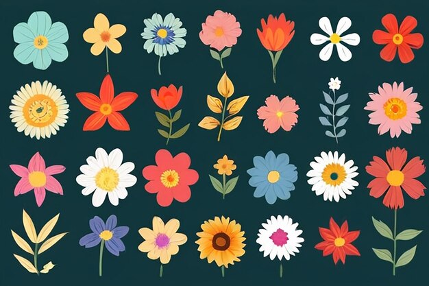 Set of drawn flowers Drawing style Various colorful flowers for drawing textile