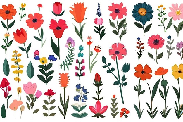 Set of drawn flowers Drawing style Various colorful flowers for drawing textile