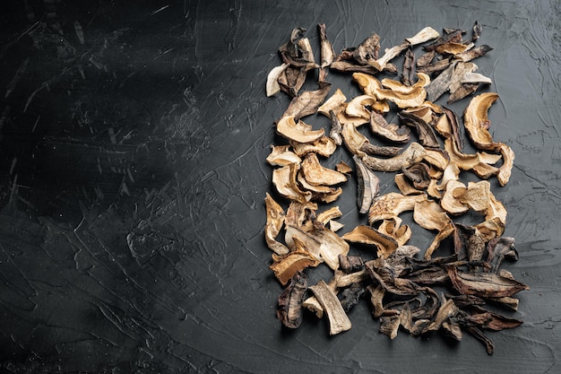 Set of dried mushrooms set, on black background , with space for text copyspace