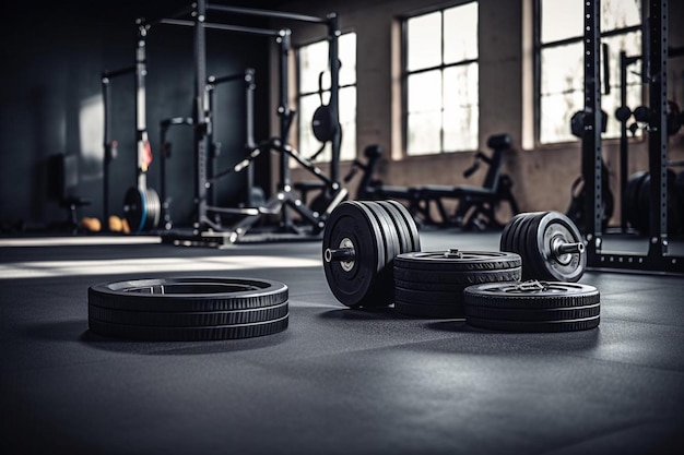 a set of dumbbells and a tire on a gym floor