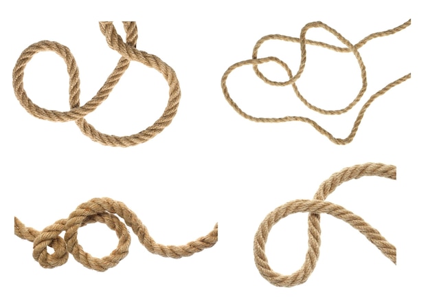 Set of durable hemp ropes on white background