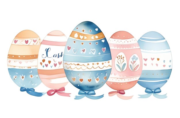 A set of Easter eggs in pastel colors and watercolor painting techniques isolated on a white backgro