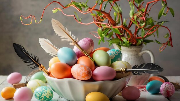 Set of easter eggs and quills in bowl near plant branches in vase