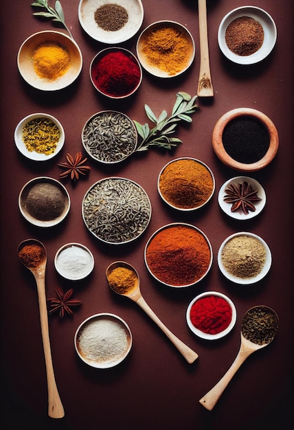 Photo set of eastern spices in clay plates