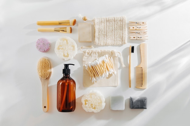 Set of Eco cosmetics products and tools. Soap, Shampoo Bottles, bamboo toothbrush  