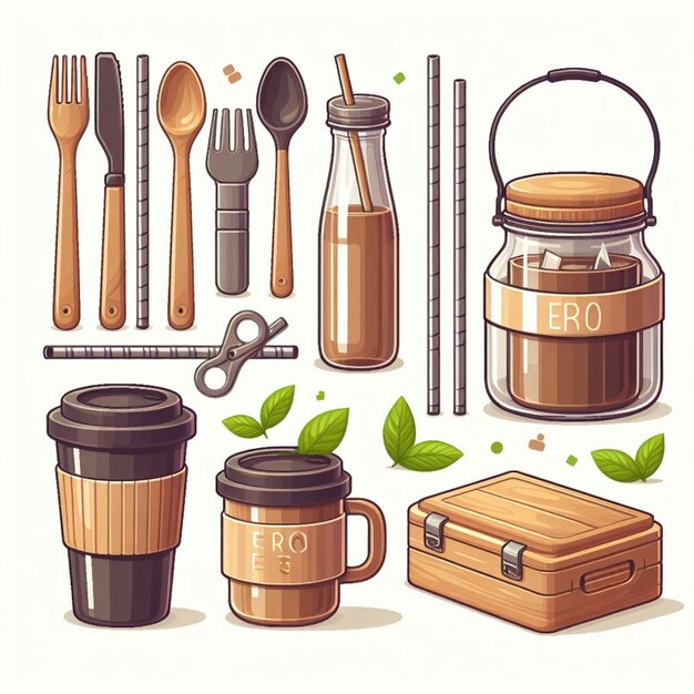 Set of eco friendly tableware items glass jar reusable coffee cup wooden cutlery lunch box