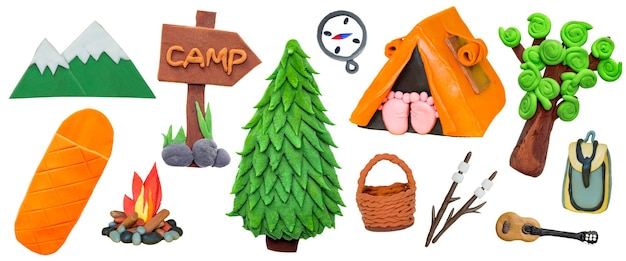 Photo set of ecotourism plasticine elements for camping tent backpack bonfire guitar trees