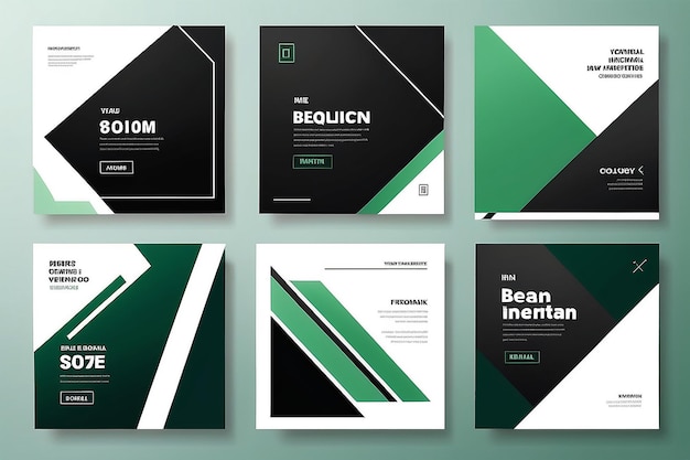 Photo set of editable minimal square banner template black and green background color with stripe line shape