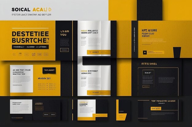 Set of Editable minimal square banner template Black and yellow background color with stripe line shape