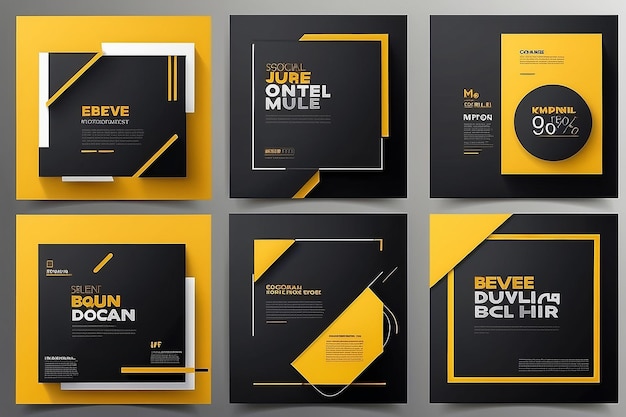 Photo set of editable minimal square banner template black and yellow background color with stripe line shape