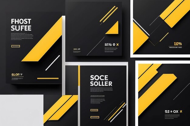 Set of Editable minimal square banner template Black and yellow background color with stripe line shape