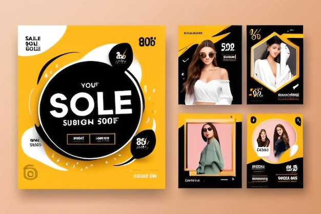 set of editable minimal square banner template black and yellow background color with stripe