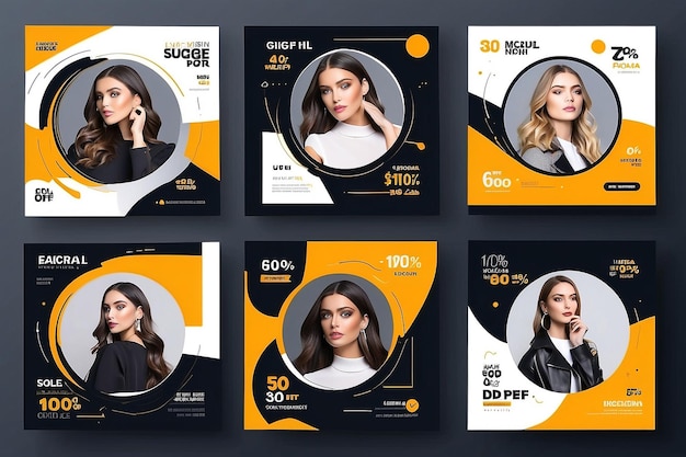set of editable minimal square banner template black and yellow background color with stripe