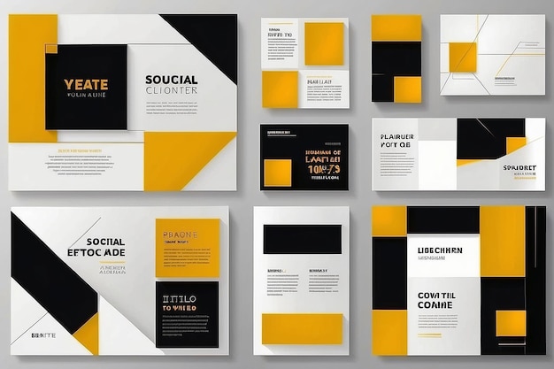 Photo set of editable minimal square banner template black yellow white background color with geometric shapes for social media post and web internet ads