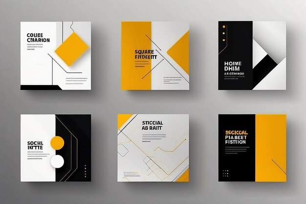 Set of Editable minimal square banner template Black yellow white background color with geometric shapes for social media post and web internet ads