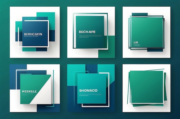 Foto set di modelli di banner quadrati minimi modificabili a sfondo verde e blu con forma di linea a strisce