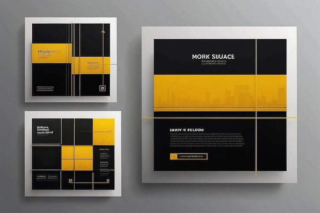 Foto set di modelli di banner quadrati modificabili colore di sfondo nero e giallo con forma di linea a strisce adatto per citazioni di post sui social media e annunci web su internet
