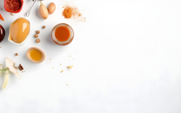 A set of eggs with a bottle of honey on a white background