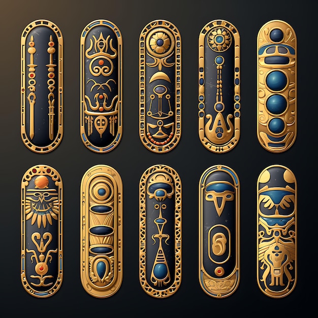 A Set of Egyptian Pharaohs Cartouche Design Cartouche Shape Gold Embo Flat 2D Creative Clipart