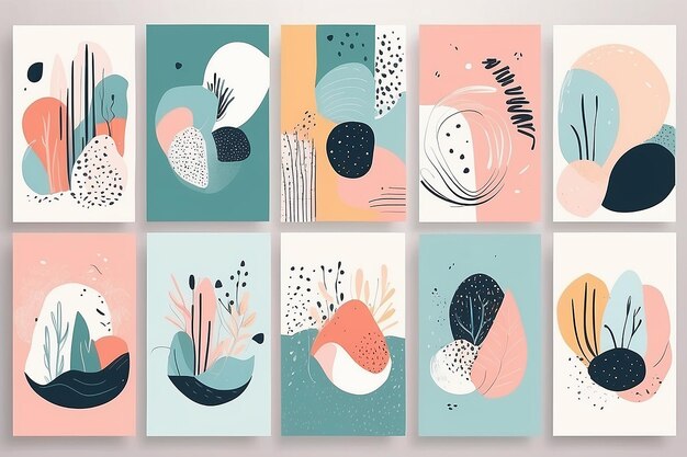 Photo set of eight abstract backgrounds hand drawn various shapes and doodle objects contemporary modern trendy vector illustrations
