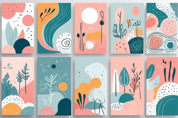 Photo set of eight abstract backgrounds hand drawn various shapes and doodle objects