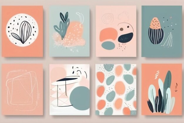 Photo set of eight abstract backgrounds hand drawn various shapes and doodle objects