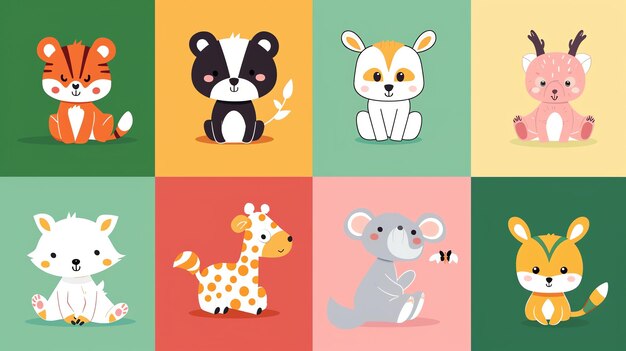 Photo a set of eight cartoon animal illustrations