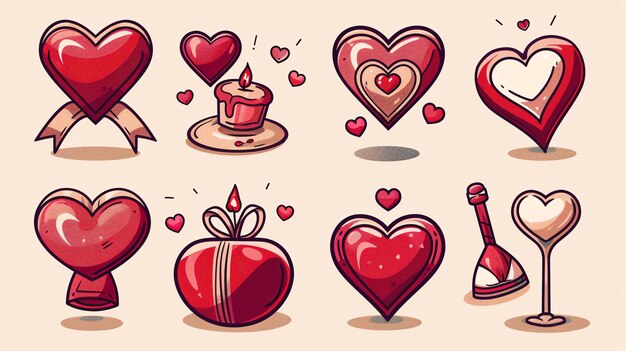 Photo a set of eight vector illustrations of red hearts in various styles the hearts are decorated with ribbons bows and other embellishments