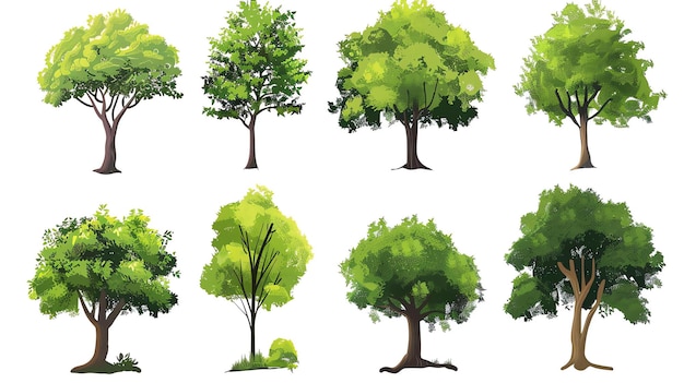 Набор из восьми векторных иллюстраций деревьев разных форм и размеров