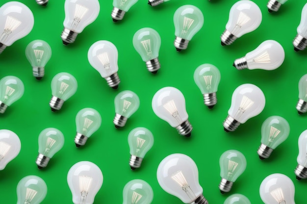 Photo set of electric household lamps on green background many light bulbs renewable energy