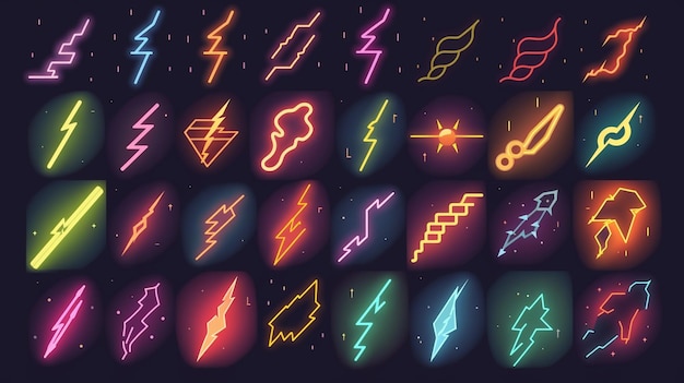 Photo set of electric lightning bolt iconsgenerative ai