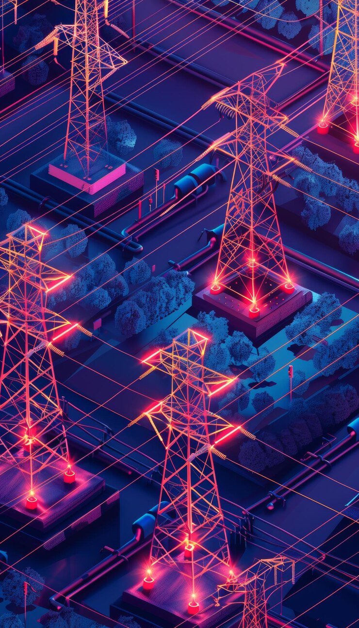 Photo set of electric power objects including isometric vector illustration a high voltage electricity