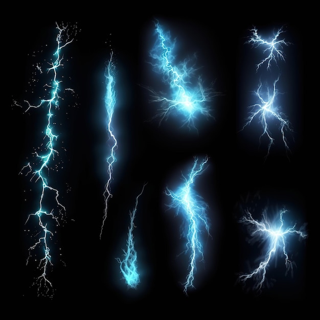 set of electric thunder bolts lights effects isolated black background magical sorcery