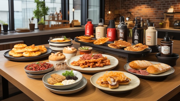 Set of elegant appetizers served on rustic style table with lemonades and alcohol