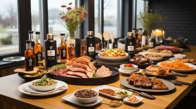 Set of elegant appetizers served on rustic style table with lemonades and alcohol