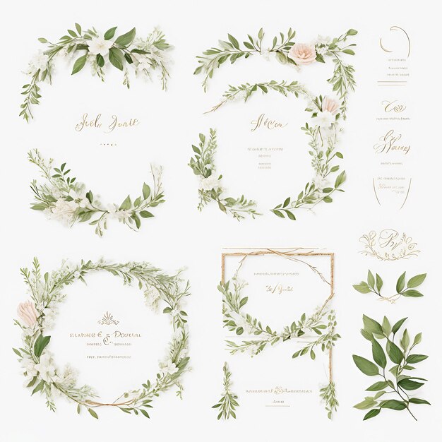 Set of elegant floral logo elements Borders and dividers frame corners and branch