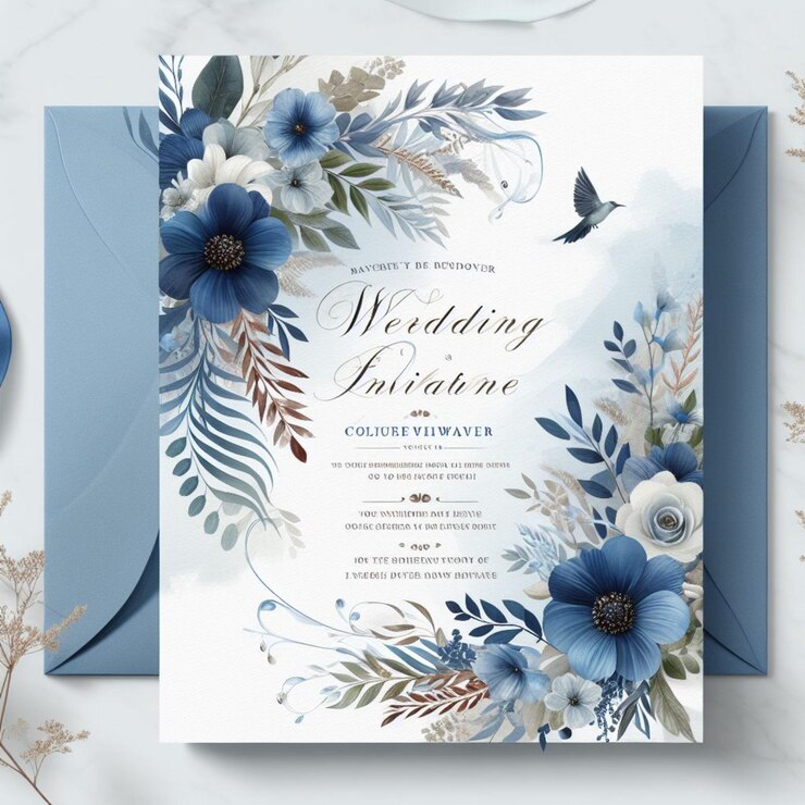 Photo set of elegant white blue watercolor flower with gold line wedding invitation design template