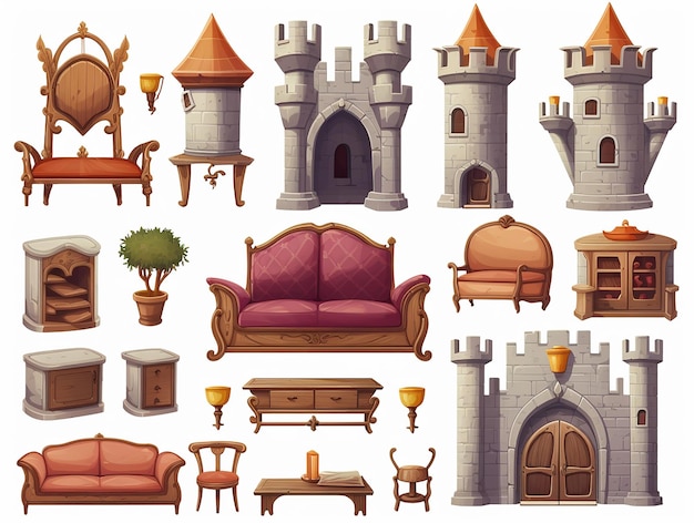 Set element kasteel interieur meubels asset cartoon voor games icoon anime manga RPG illustratie