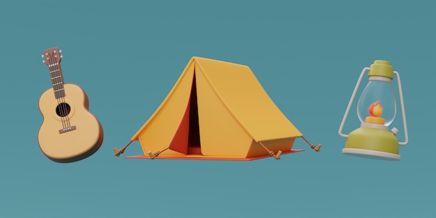 Set elementen voor kamperen met Tourist camping tent gitaar en lantaarn zomerkamp reizen reis wandelen 3D-rendering