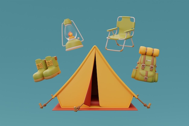 Set elementen voor kamperen met Tourist camping tent rugzak klapstoel en wandelschoenen reizen reis wandelen 3D-rendering